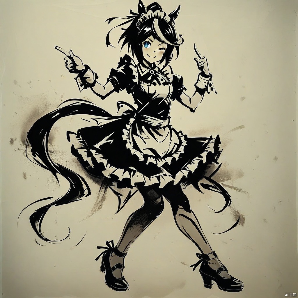  (ink-style,ink_wash_painting), (masterpiece),(best quality), 1girl, tokai_teio_(umamusume), maid, solo, smile, one_eye_closed, blue_eyes, long_hair, brown_hair, streaked_hair, horse_ears, horse_tail, wrist_cuffs, maid_apron, maid_headdress, apron, black_skirt, skirt small_breasts, arm_garter, frills, center_frills, high_heels, white_legwear, index_finger_raised, full_body, simple_background,best quality,amazing quality,very aesthetic,absurdres,