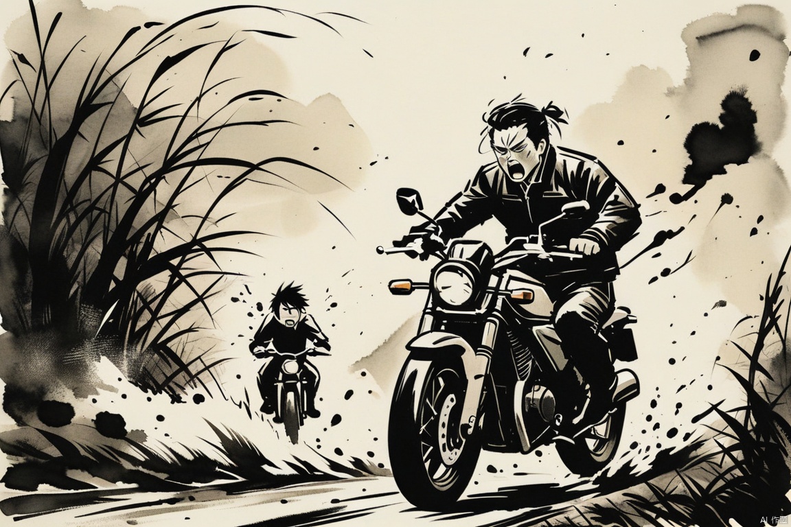 (ink-style, ink_wash_painting),(masterpiece,best quality), 2manï¼ The chase. The distance. The moonlit night. Prime Minister Xiao He on motorbike behind waving and calling out to Han Xin. General Han Xin in front panicking and fleeing on motorbike.