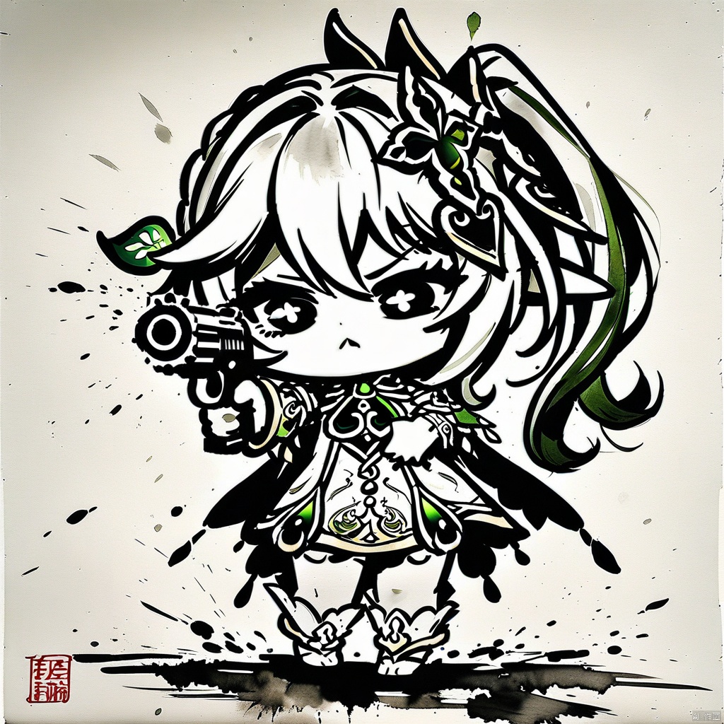  (ink-style,ink_wash_painting), (masterpiece),(best quality), chibi, 1girl,solo, nahida \(genshin impact\),:<,holding handgun,simple background, white background, squinting, aiming, full body,
