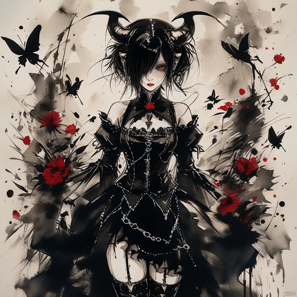 (ink-style,ink_wash_painting), (masterpiece),(best quality), Athreee, 1girl, wings, butterfly, thighhighs, horns, solo, bug, black hair, detached sleeves, red eyes, looking at viewer, demon wings, hair over one eye, dress, lolita fashion, gothic lolita, breasts, flower, demon horns, black thighhighs, gothic, hair ornament, claw ring, medium breasts, short hair, demon girl, long sleeves, black dress
