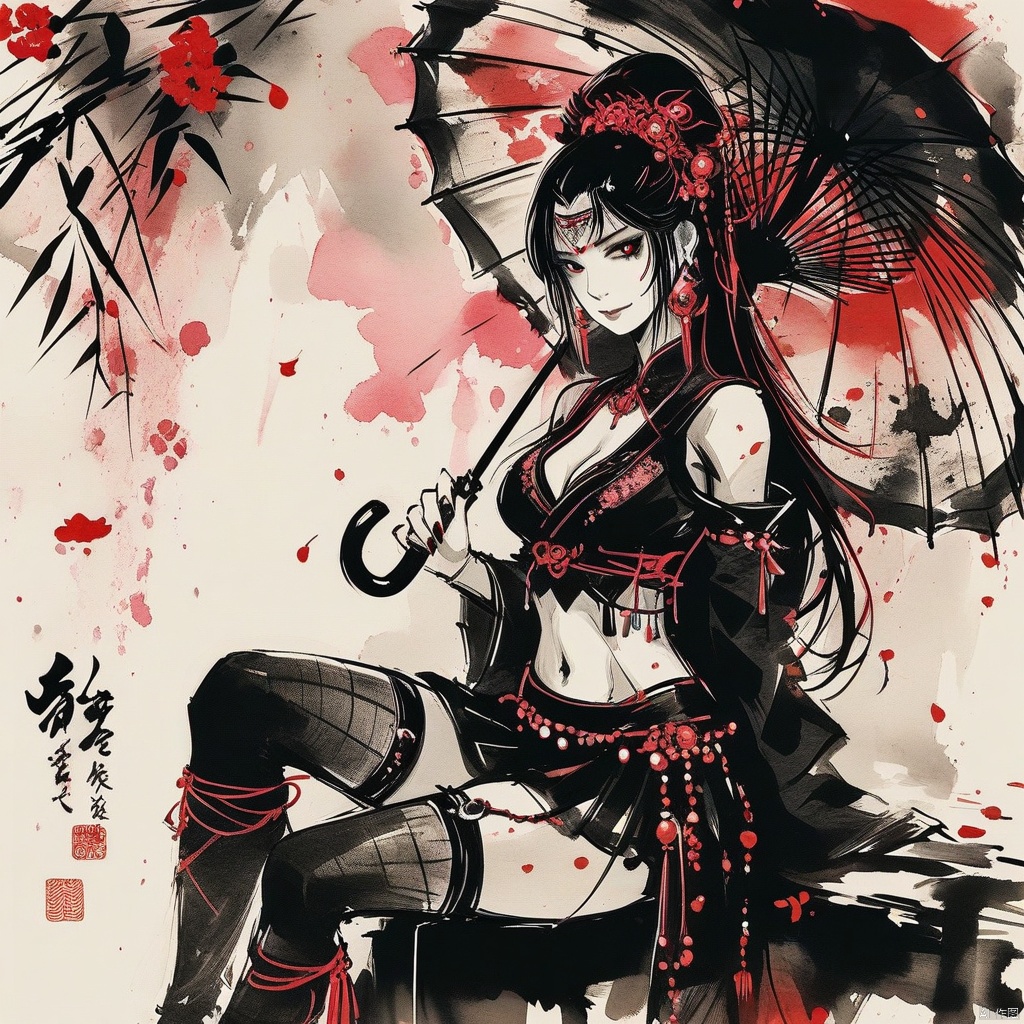  (ink-style,ink_wash_painting), (masterpiece),(best quality), 1girl, solo, jewelry, breasts, sitting, umbrella, looking at viewer, long hair, holding, earrings, thighhighs, skirt, bangs, smile, facial mark, petals, midriff, navel, thigh strap, crop top, closed mouth, red eyes, holding umbrella, frills, bare shoulders, detached sleeves, medium breasts, cleavage, piercing, nail polish
