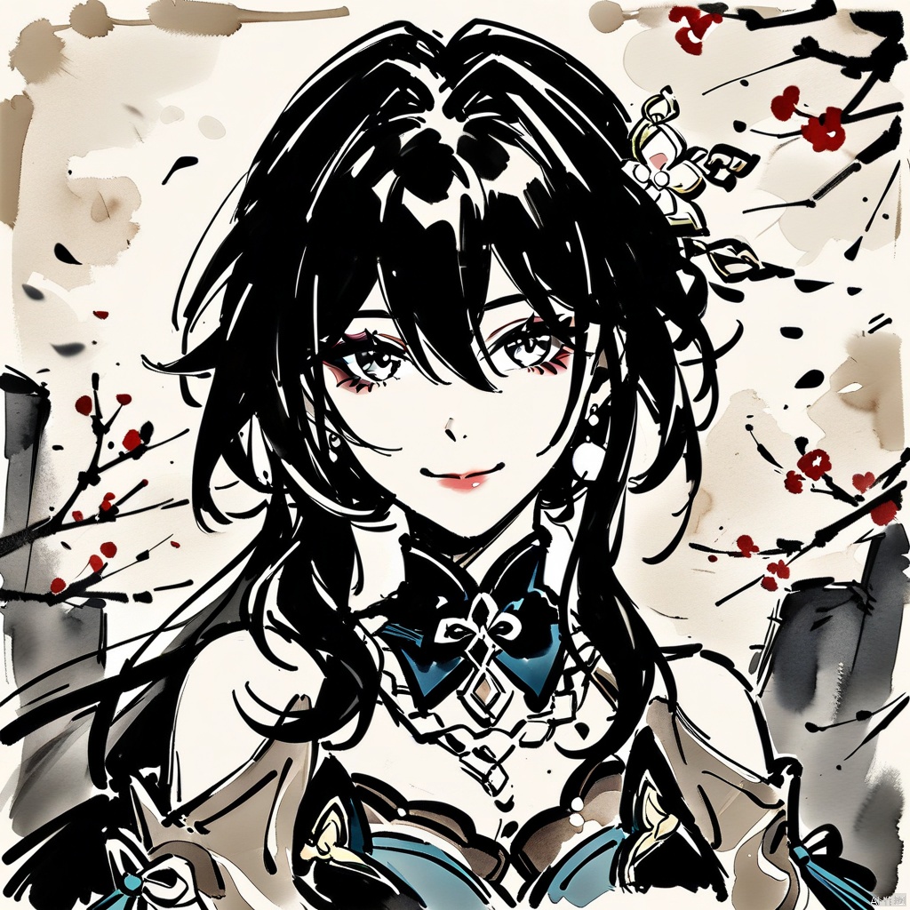  (ink-style,ink_wash_painting), (masterpiece),(best quality), ruan mei \(honkai: star rail\),1girl,solo,long hair,looking at viewer,holding,gloves,shoulder cutout,upper body,bare shoulders,smile,jewelry,black hair,necklace,dress,hair ornament,chinese clothes,clothing cutout,
portrait,upper_body,highres,