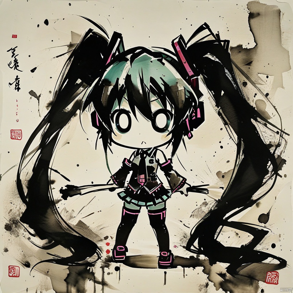  (ink-style,ink_wash_painting), (masterpiece),(best quality), 1girl, solo, hatsune miku, long hair, twintails, spring onion, chibi, necktie, aqua hair, detached sleeves, thighhighs, skirt, very long hair, o_o