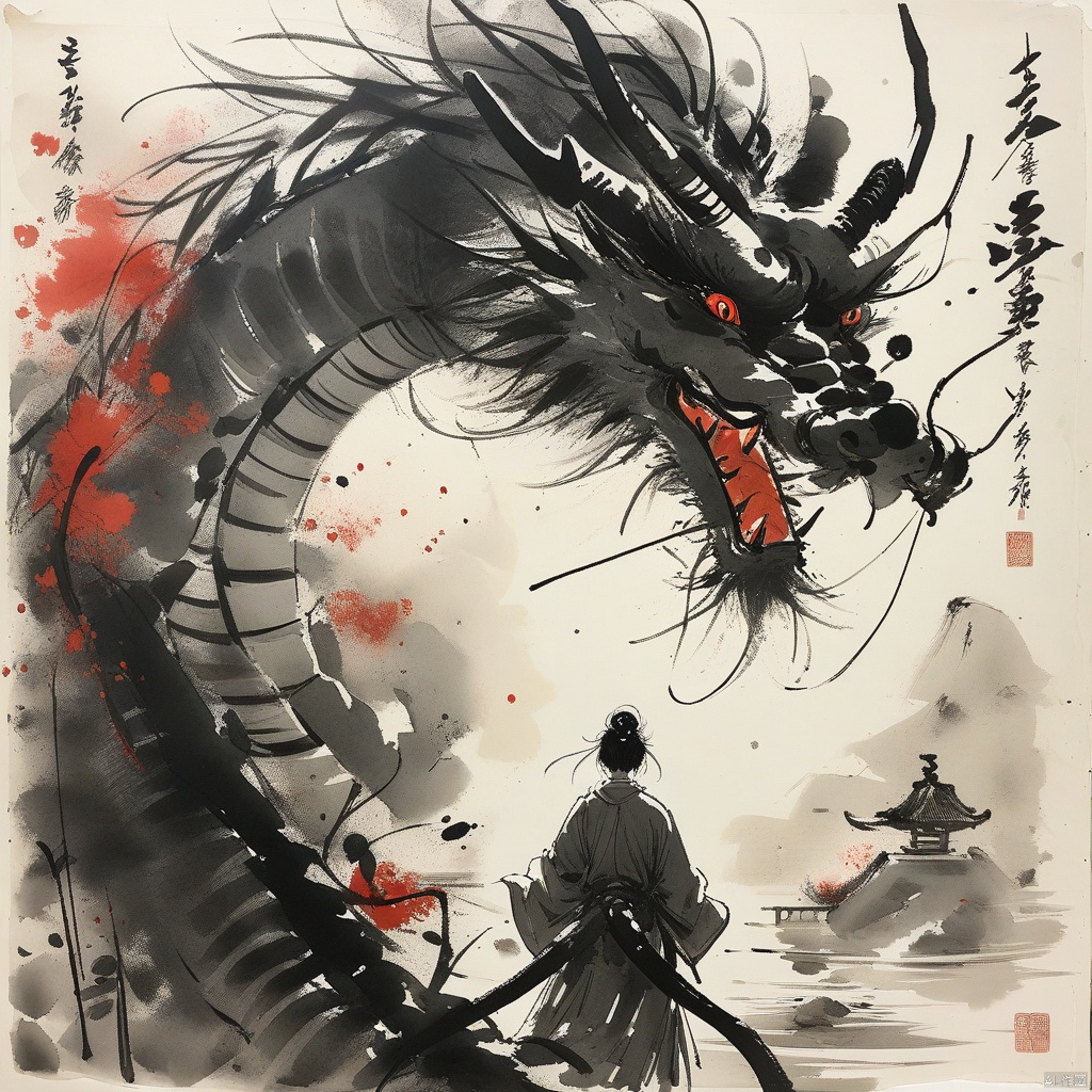  (ink-style,ink_wash_painting), (masterpiece),(best quality), dragon, sharp teeth, eastern dragon, 1boy, single hair bun, teeth, standing, monster, solo, horns, male focus, hair bun, monochrome, robe, from behind, size difference, open mouth, claws, spot color