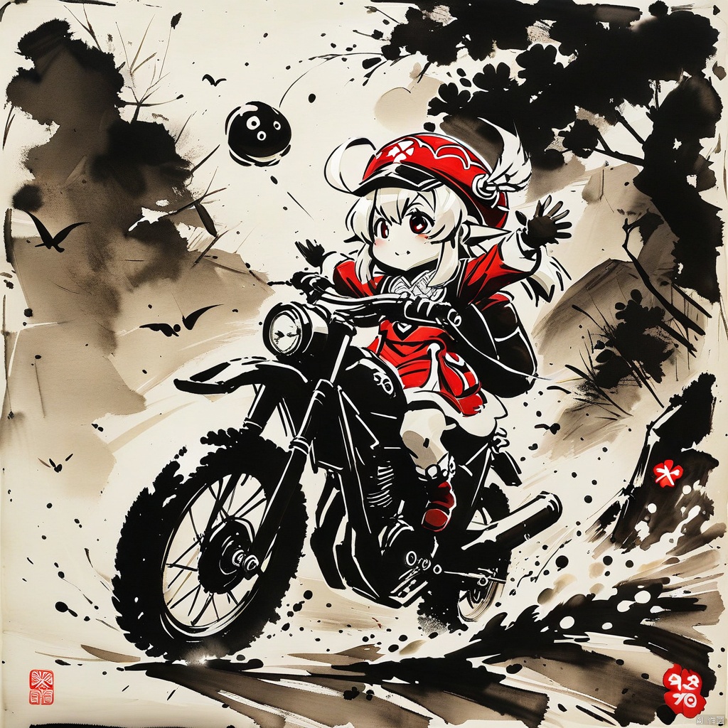  (ink_style,ink_wash_painting),(masterpiece,best quality),1girlï¼ The chase. The distance, The moonlit night, klee with red hat on motorbike behind waving and calling out to qiqi,