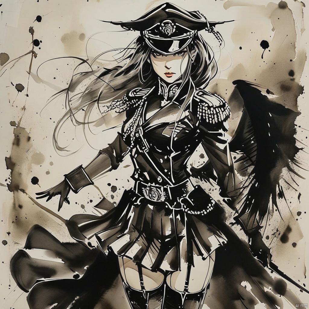  (ink-style,ink_wash_painting), (masterpiece),(best quality), 1girl, hat, thighhighs, holding, solo, gloves, black gloves, wings, looking at viewer, skirt, epaulettes, military, military uniform, garter straps, black wings, uniform, long sleeves, black thighhighs, weapon, long hair, belt, military hat, blurry background, parted lips, grey eyes, holding weapon, black headwear, cowboy shot, breasts, blurry, white hair, pleated skirt, black jacket