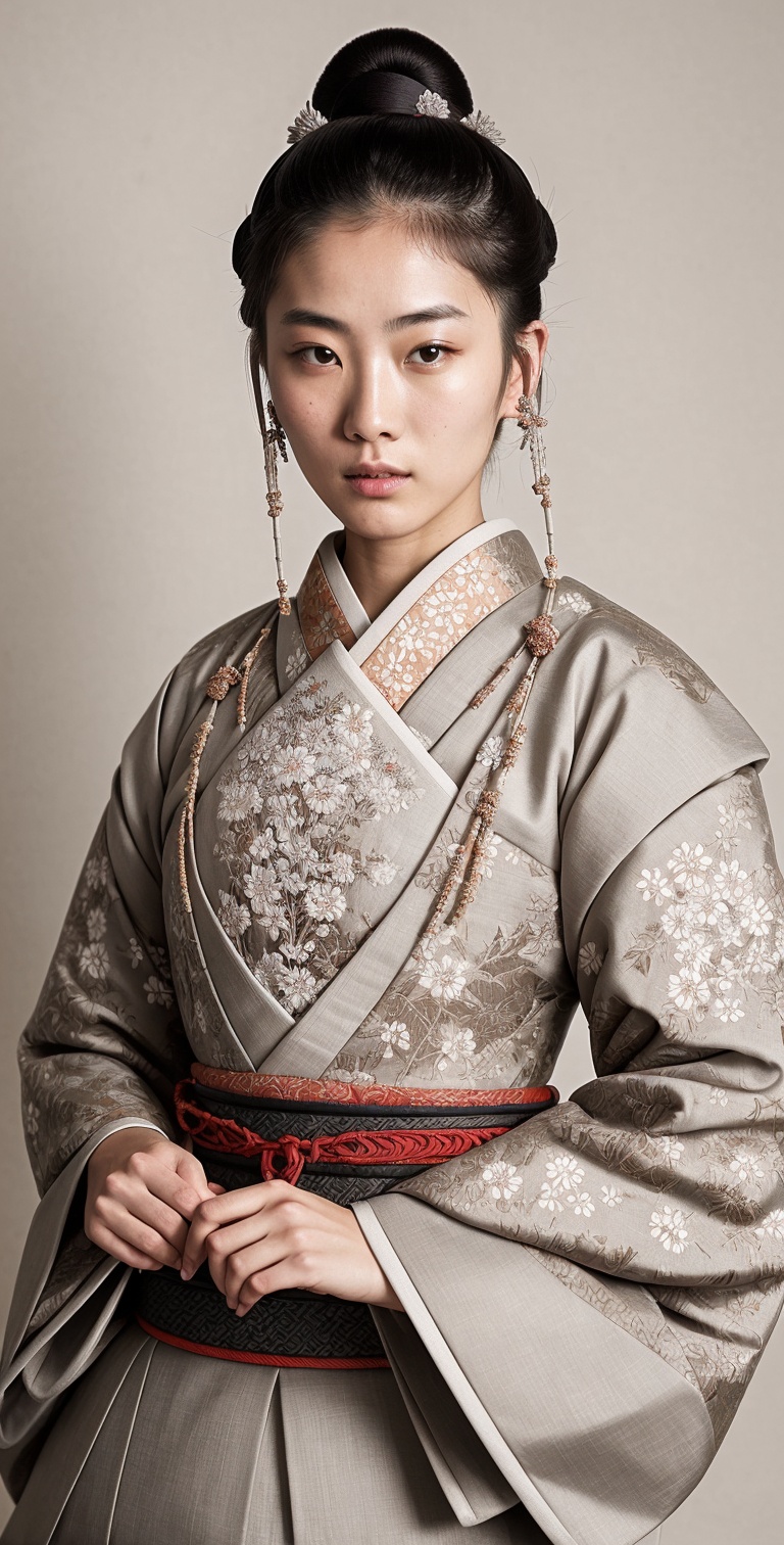 roroba,  1girl,  female samurai dressed in intricately detailed ukiyo-e porcelain armor adorned with delicate floral patte...