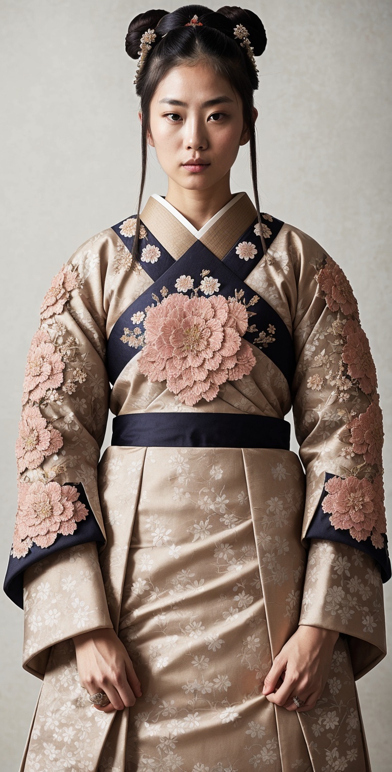 roroba,  1girl,  female samurai dressed in intricately detailed ukiyo-e porcelain armor adorned with delicate floral patte...