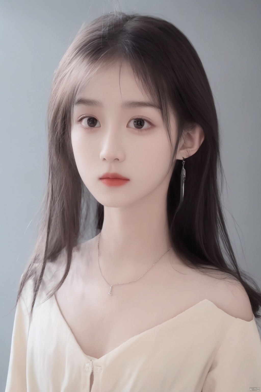  (realistic:1.5) ,highly detailed skin,1girl, big eyes ,(portrait:1.2) ,long hair , (natural skin:1.5) , (thin waist:1.4) ,(blurry background:1.5) ,necklace ,earrings