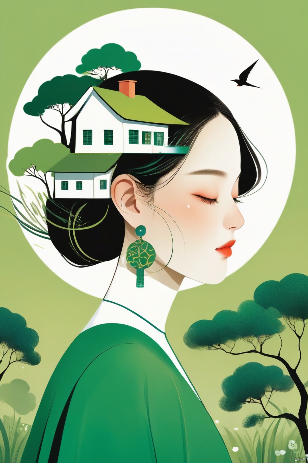  The girl's head is decorated with whimsical illustrations of houses, swallows, trees and hills in green tones, evoking the charm of a charming rural landscape. The background blends in with her hair, exuding an air of tranquility and creating a harmonious composition that captures the beauty of nature. The illustration symbolizes the harmony between humans and the environment, focusing on the face, Flat fashion, Oriental flat aesthetics