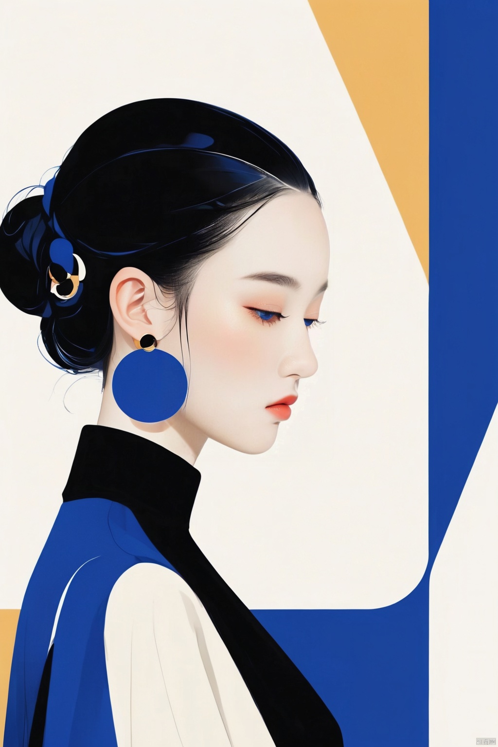  fashion girl,blue,white and black color scheme, simple shape, abstract Memphis ,portrait, white face, black hair, blue background, slender figure, exaggerated body proportions,fashion catwalk, Oriental flat aesthetics
