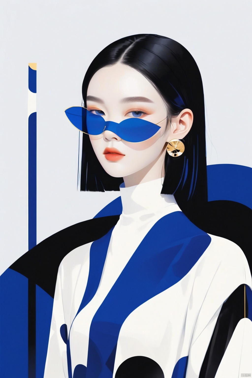  fashion girl,blue,white and black color scheme, simple shape, abstract Memphis ,portrait, white face, black hair, blue background, slender figure, exaggerated body proportions,fashion catwalk, Oriental flat aesthetics