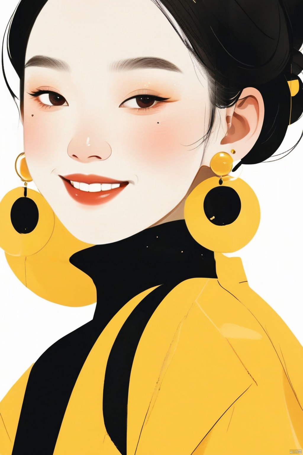 flat illustration style of a playful cool chinese girl,ancient black hair style,wearing a yellow coat, wearing earrings,smile, white skin, Off-white background,