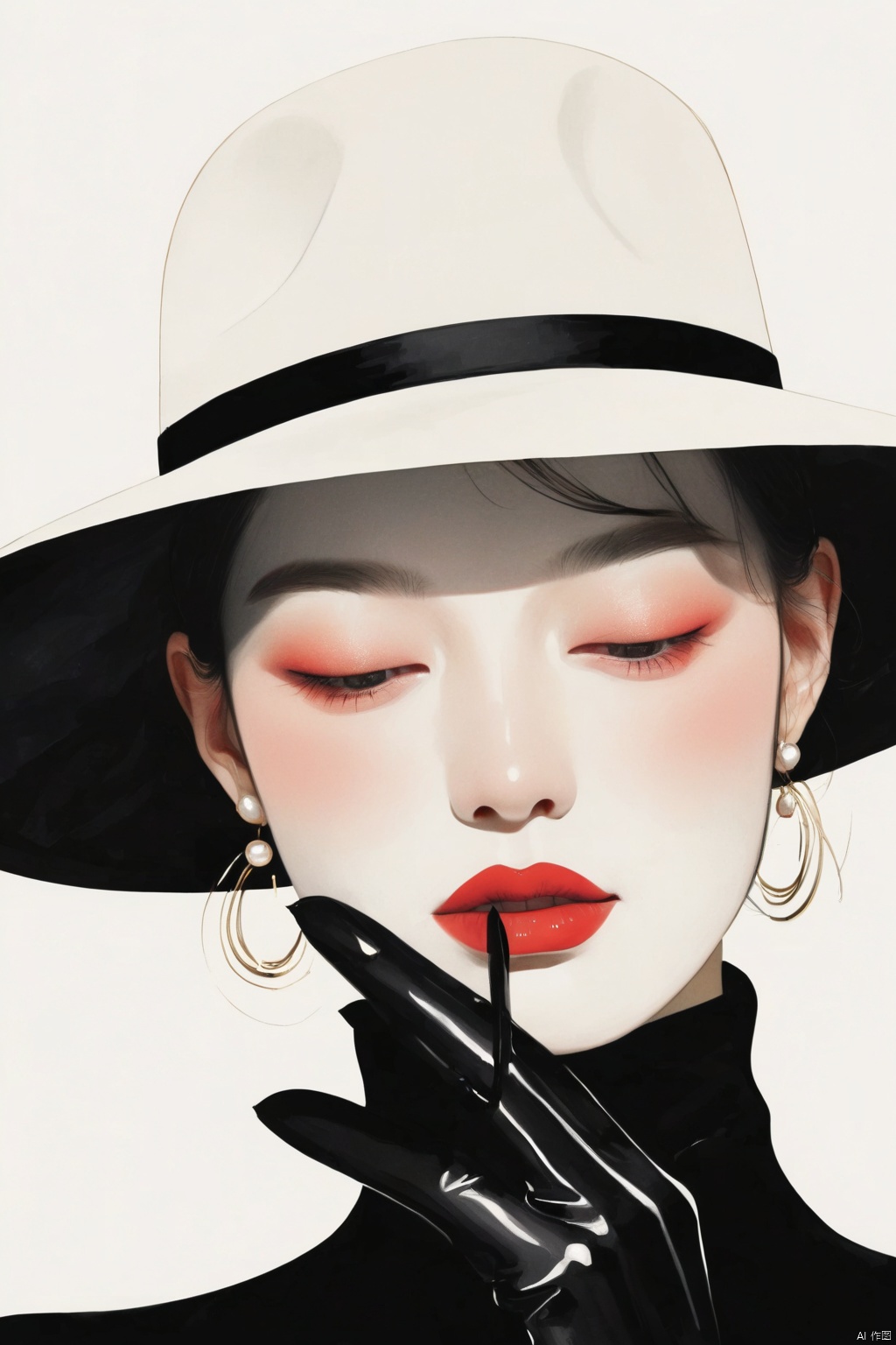  Hat brim, red lips, chin held in a black glove, minimalist ink painting design, no one, Rene Gluot style