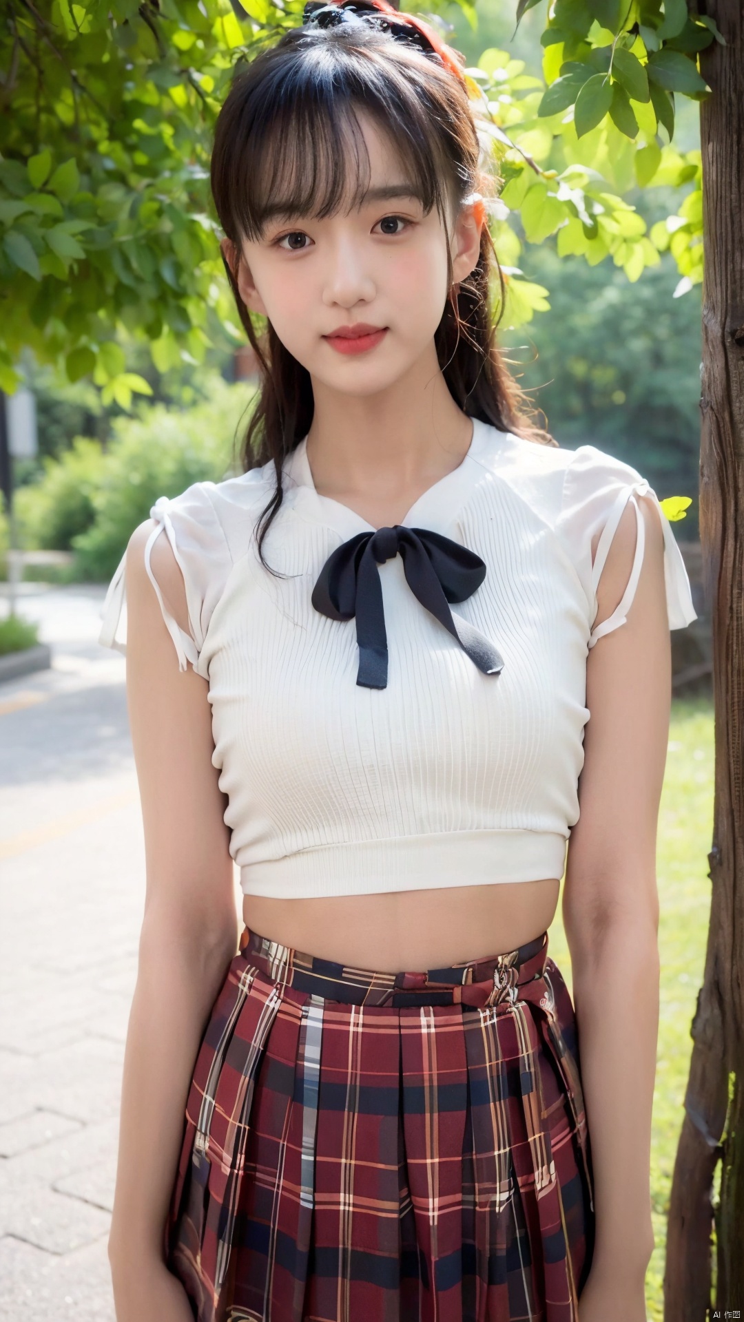  1girl, smiling,Realistic movie lighting,
ultradetailed,8K,detailed face,photorealistic,
long hair,solo,fullbody,complex background, look at the viewer, 

detailedbackground,sweating details,realistic, fullbody,long legs,real,
Lacrimal nevus,realism, Delicate glowing skin,masterpiece,
bestquality,distant view,depth of field,dynamic perspective,Perfectly proportioned figure,Detailed skin description,
daytime,good weather,

plaid skirt, white shirt, 
plaid, short sleeves, jk ribbon on the neck, 
jk ribbon, 
school uniform, 
pleated skirt, depth of field, 