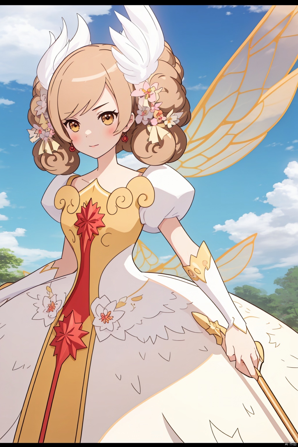 1girl, solo, brown hair, dress, flower, wings, sky, day, cloud, letterboxed, houtufeng