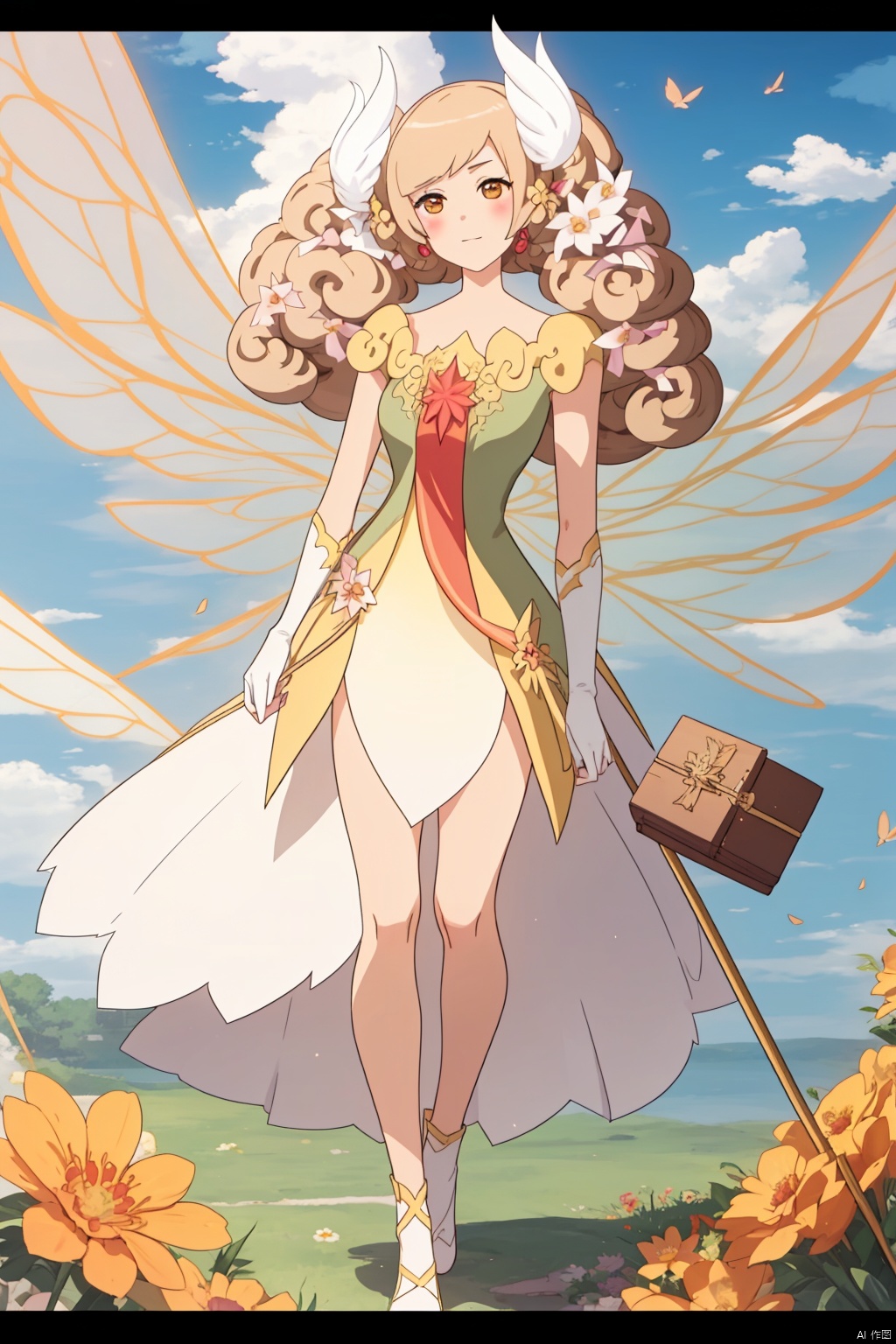 1girl, solo, brown hair, dress, flower, wings, sky, day, cloud, letterboxed, houtufeng