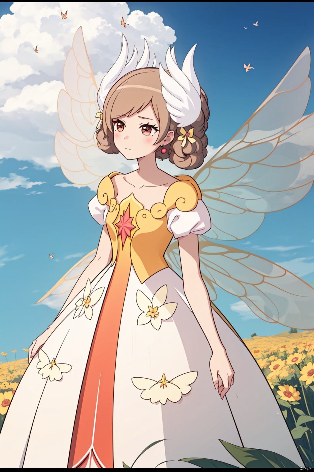 1girl, solo, brown hair, dress, flower, wings, sky, day, cloud, letterboxed, houtufeng