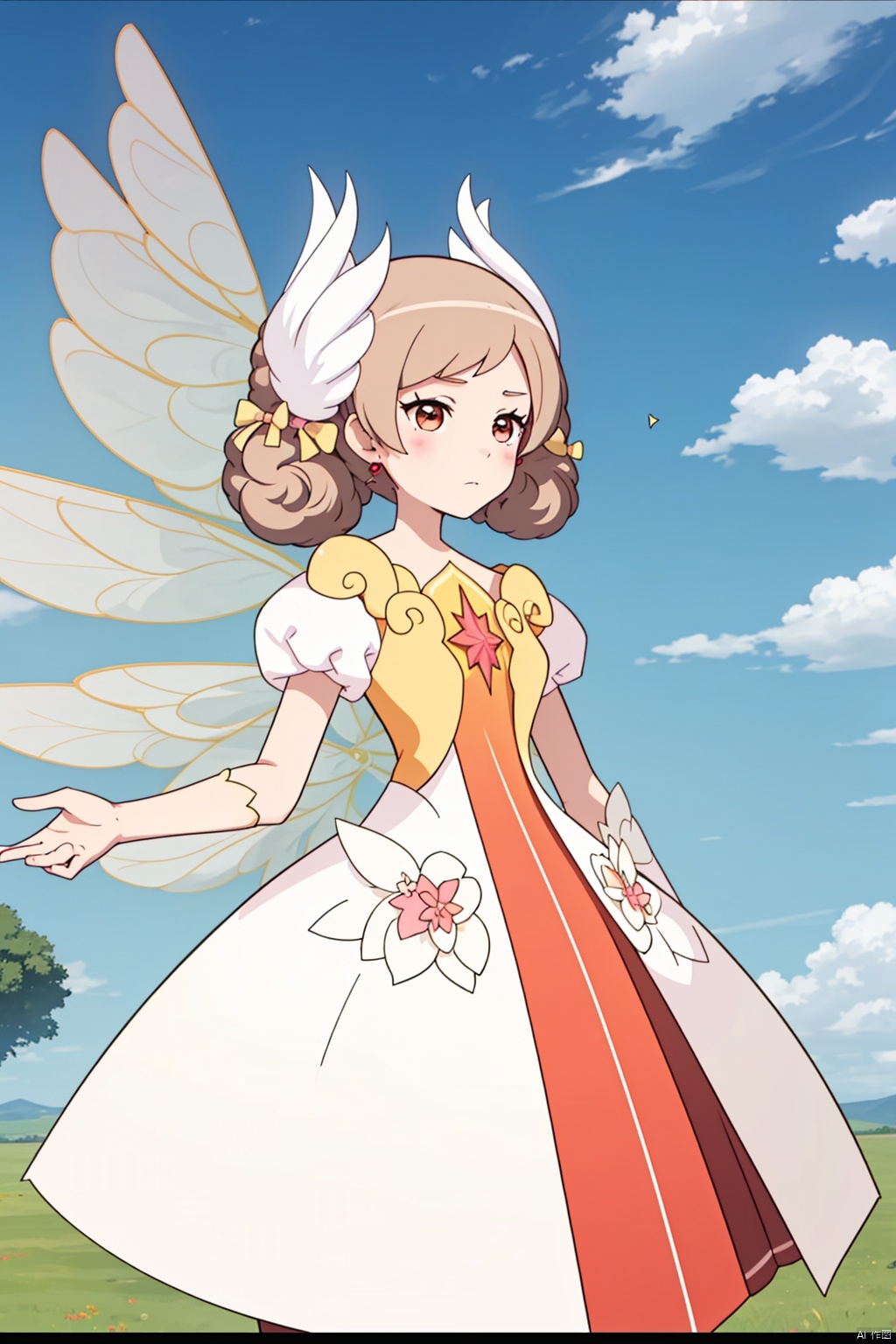 1girl, solo, brown hair, dress, flower, wings, sky, day, cloud, letterboxed, houtufeng