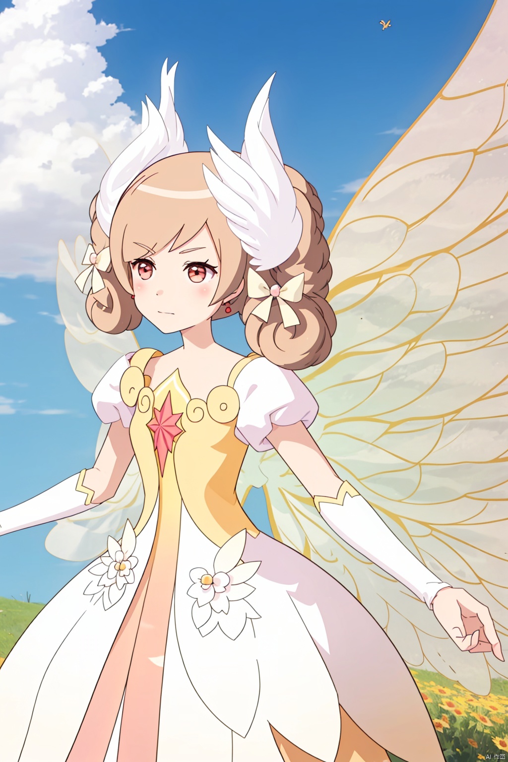 1girl, solo, brown hair, dress, flower, wings, sky, day, cloud, letterboxed, houtufeng