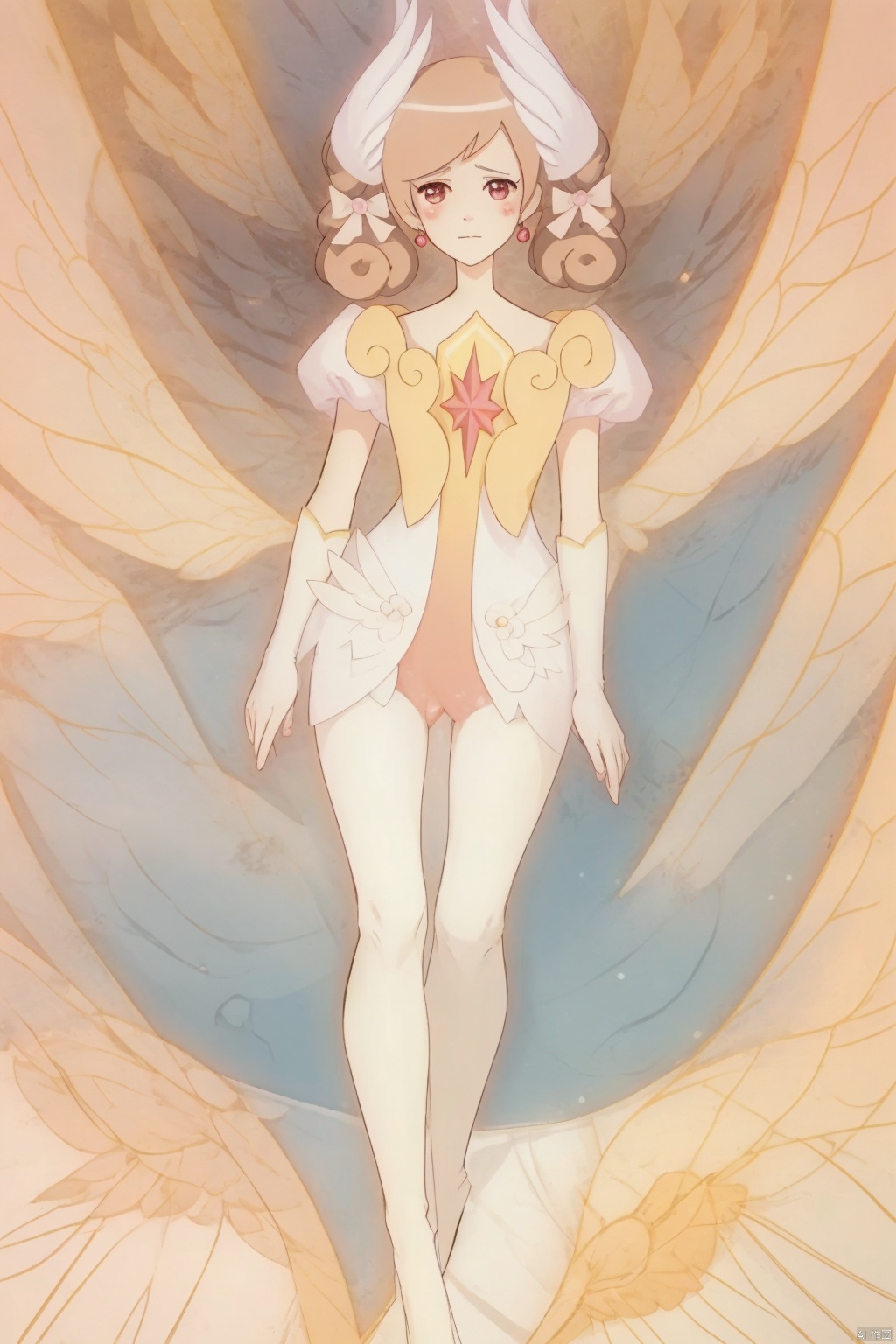 1girl, solo, brown hair, dress, flower, wings, sky, day, cloud, letterboxed, houtufeng