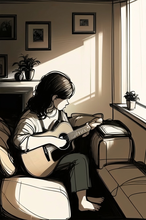 A woman sitting comfortably with an acoustic guitar resting on her lap,  her fingers delicately dancing across the strings...