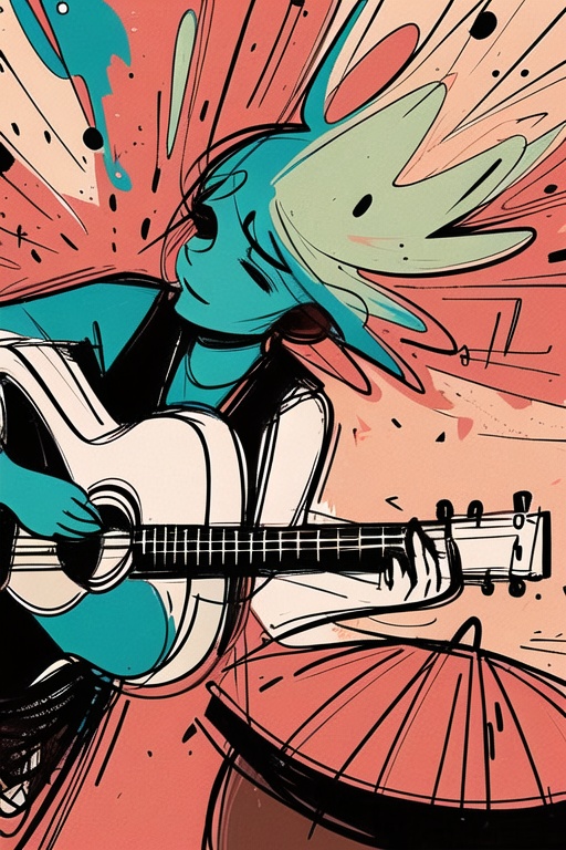 A whimsical cartoon illustration of a woman playing an acoustic guitar,  rendered with bold,  clean outlines and simple sh...