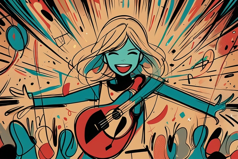 A whimsical cartoon illustration of a woman playing an acoustic guitar,  rendered with bold,  clean outlines and simple sh...