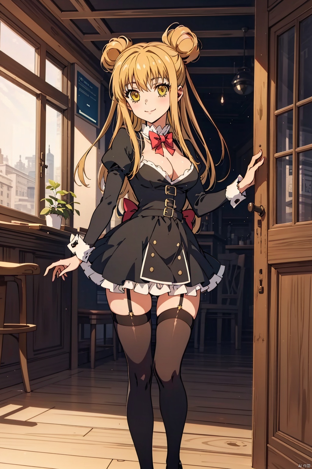1girl, solo, long hair, breasts, smile, blonde hair, thighhighs, dress, cleavage, medium breasts, yellow eyes, hair bun, double bun,, footwear