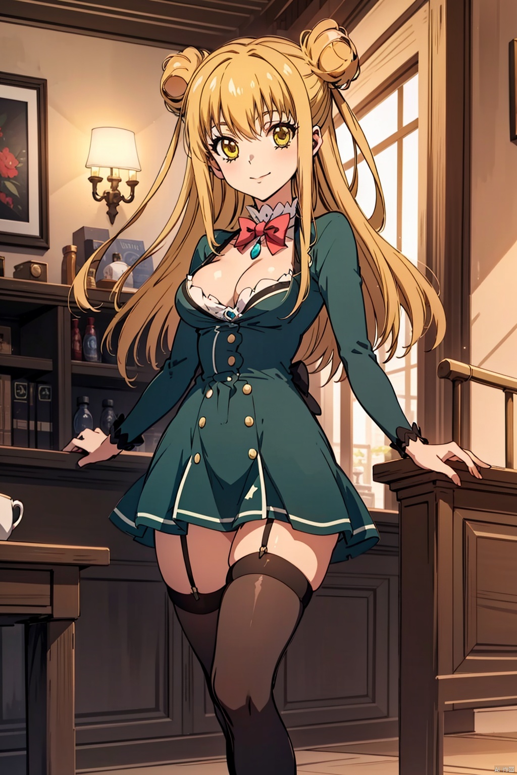 1girl, solo, long hair, breasts, smile, blonde hair, thighhighs, dress, cleavage, medium breasts, yellow eyes, hair bun, double bun,, footwear