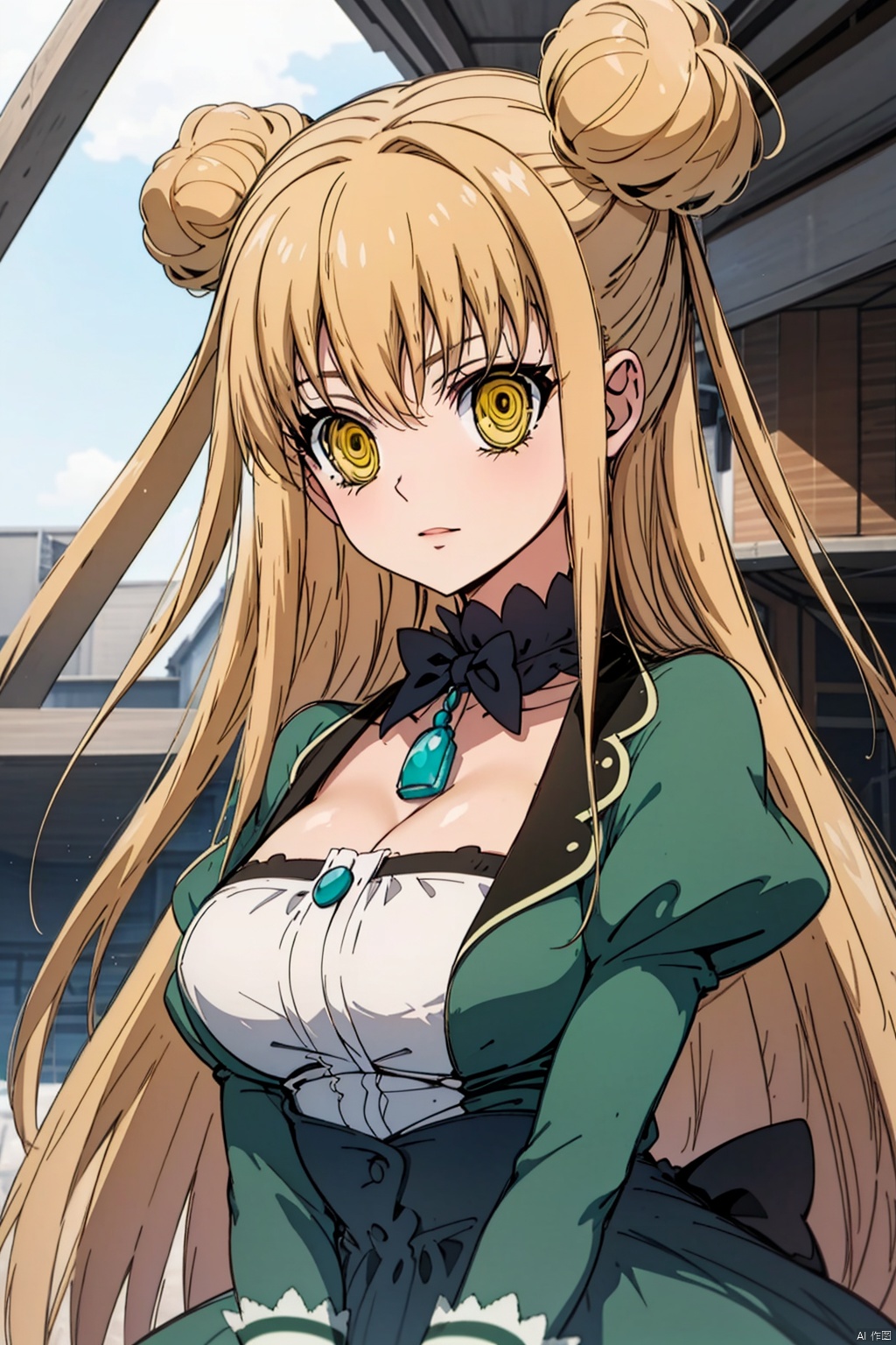 1girl, solo, long hair, breasts, smile, blonde hair, thighhighs, dress, cleavage, medium breasts, yellow eyes, hair bun, double bun,, footwear