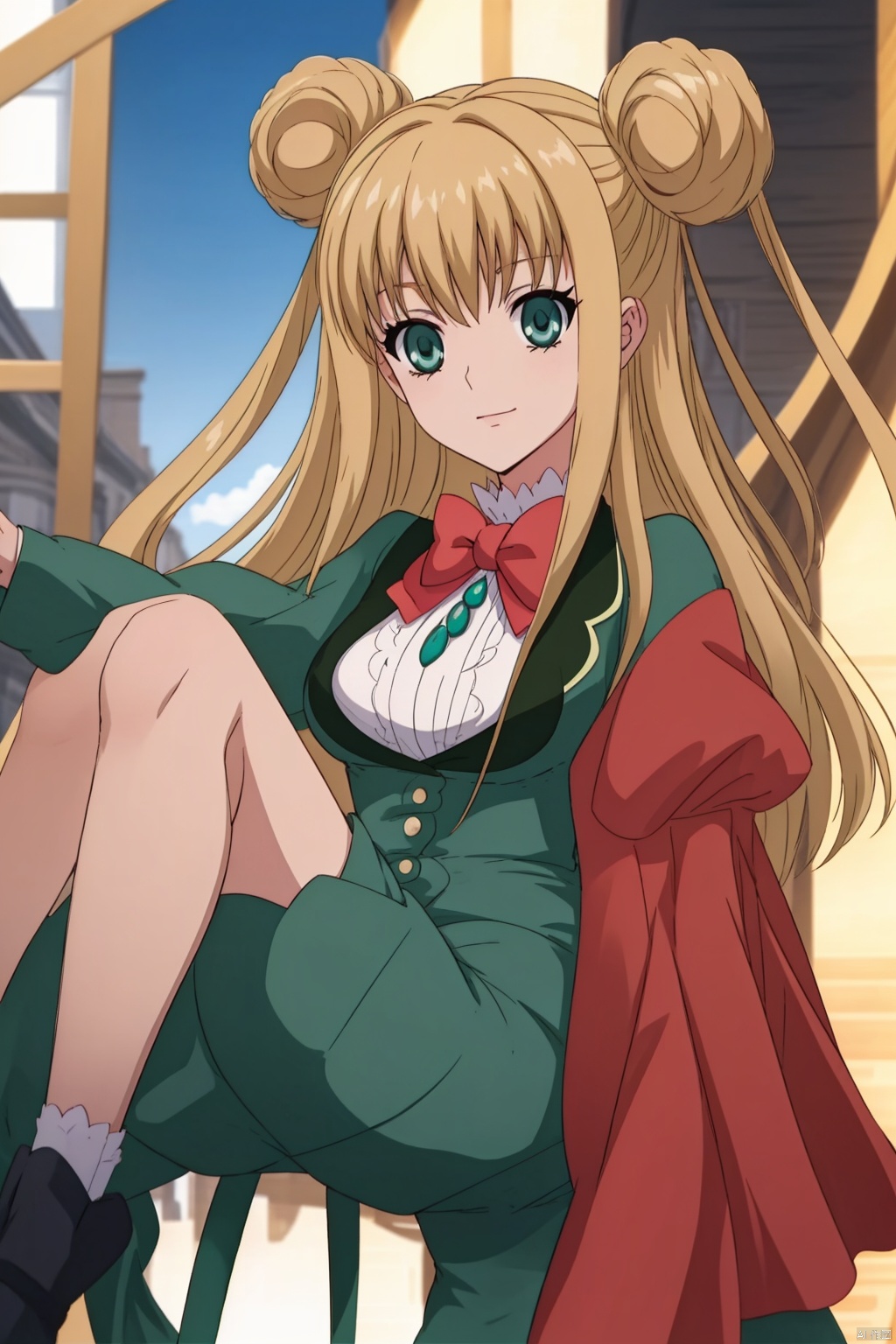1girl, solo, long hair, breasts, smile, blonde hair, thighhighs, dress, cleavage, medium breasts, yellow eyes, hair bun, double bun,, footwear