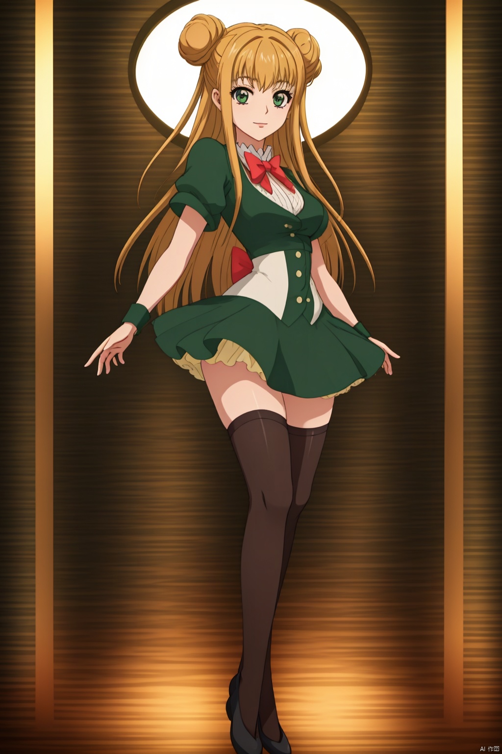 1girl, solo, long hair, breasts, smile, blonde hair, thighhighs, dress, cleavage, medium breasts, yellow eyes, hair bun, double bun,, footwear