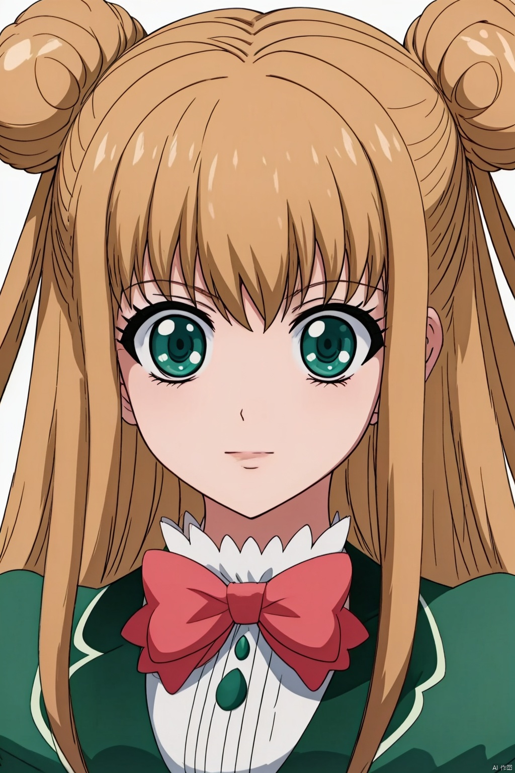 1girl, solo, long hair, breasts, smile, blonde hair, thighhighs, dress, cleavage, medium breasts, yellow eyes, hair bun, double bun,, footwear