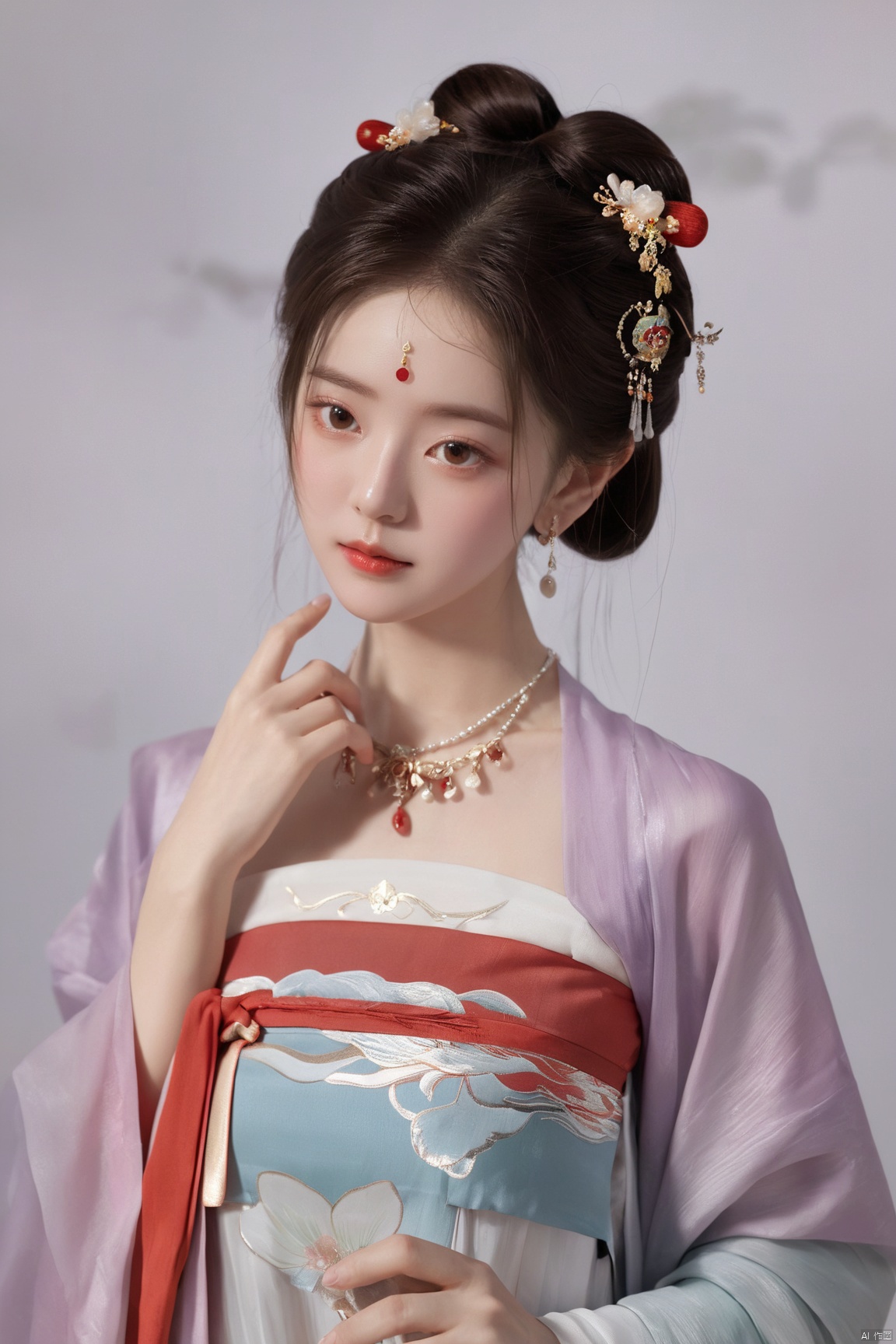  (masterpiece, top quality, best quality, official art, beautiful and aesthetic:1.2),gf-hd, 1girl, solo, hair ornament, jewelry,hanfu dress, red dress, earrings, chinese clothes, brown hair, ribbon, hanfu, red ribbon, shawl, song_hanfu,(big breasts:1.89), ,(full breasts:1.89),monkren, tang_hanfu