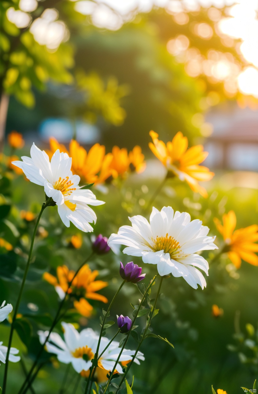  masterpiece,best quality,absurdres,outdoors,grass,flower,summer,depth of field,tree,