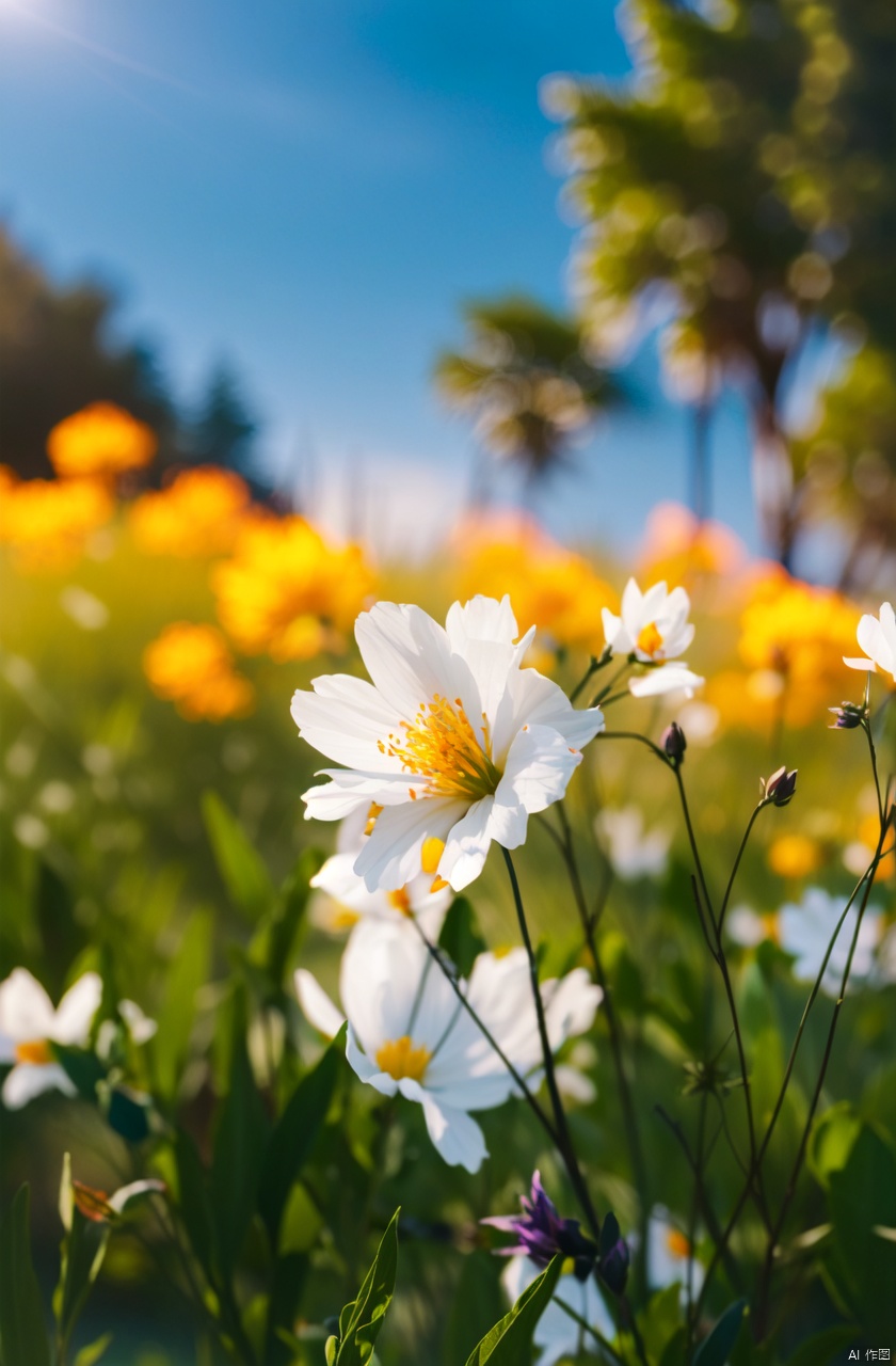  masterpiece,best quality,absurdres,outdoors,grass,flower,summer,depth of field,tree,night,