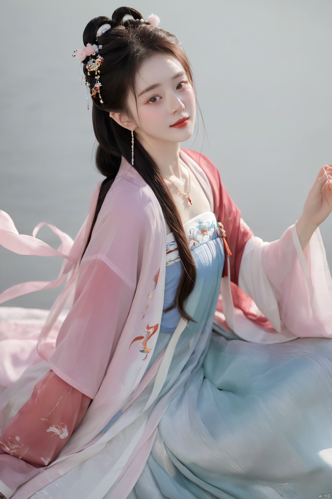  (masterpiece, top quality, best quality, official art, beautiful and aesthetic:1.2),gf-hd, 1girl, solo, hair ornament, jewelry,hanfu dress, red dress, earrings, chinese clothes, brown hair, ribbon, hanfu, red ribbon, shawl, song_hanfu,(big breasts:1.59), monkren, tang_hanfu