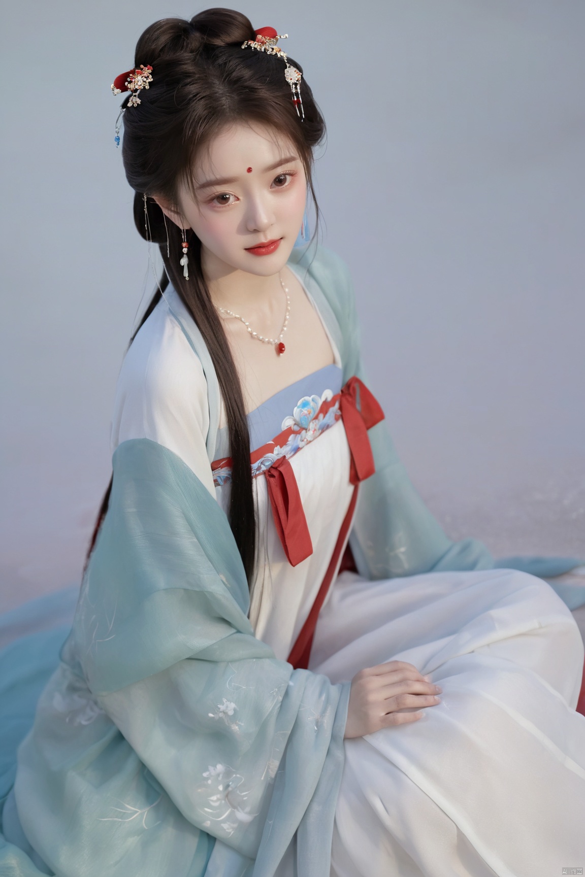  (masterpiece, top quality, best quality, official art, beautiful and aesthetic:1.2),gf-hd, 1girl, solo, hair ornament, jewelry,hanfu dress, red dress, earrings, chinese clothes, brown hair, ribbon, hanfu, red ribbon, shawl, song_hanfu,(big breasts:1.89), ,(full breasts:1.89),monkren, tang_hanfu