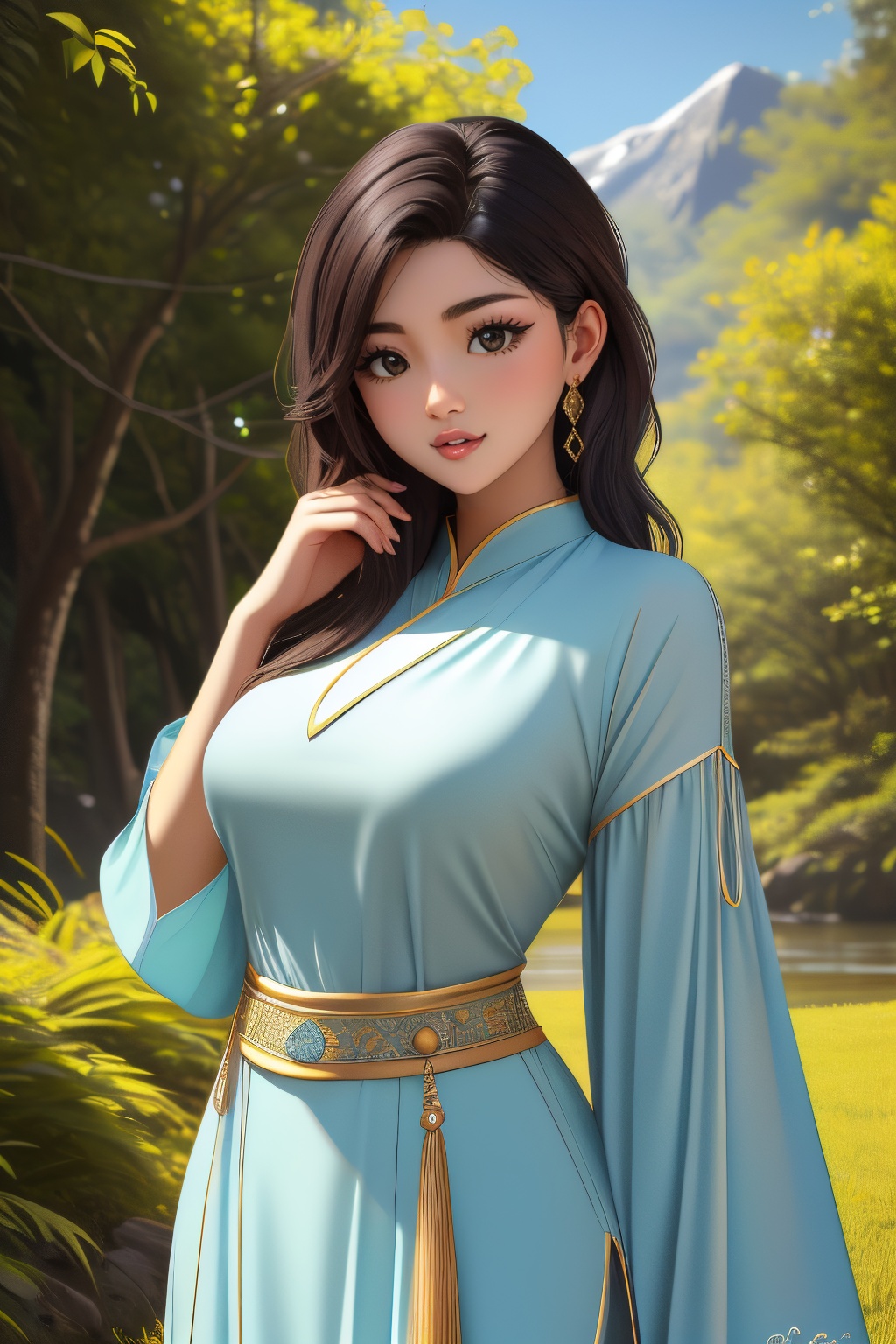 Create a stunning 4K masterpiece featuring a 20-year-old woman in a traditional Baju Kurung costume,  radiating elegance a...