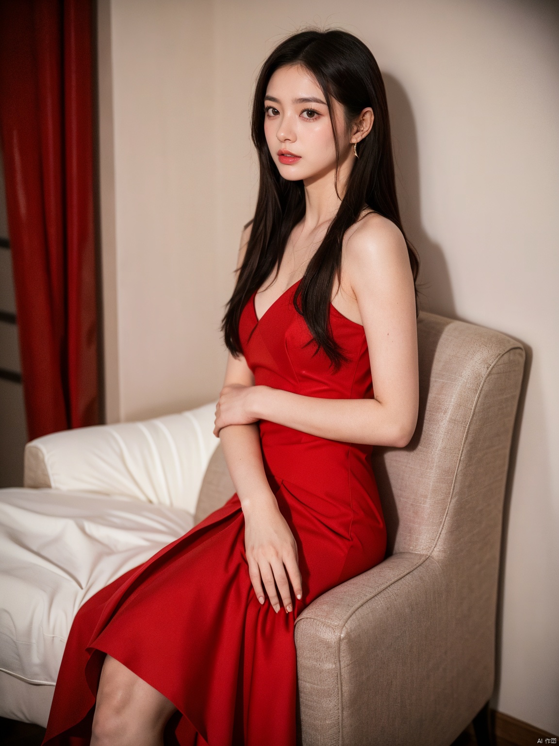  1, 1girl, long hair, brown hair, solo, dress, brown eyes, looking at viewer, holding, red dress, parted lips, bare shoulders, indoors, lips, sleeveless, ((poakl)),nice_body,full_body