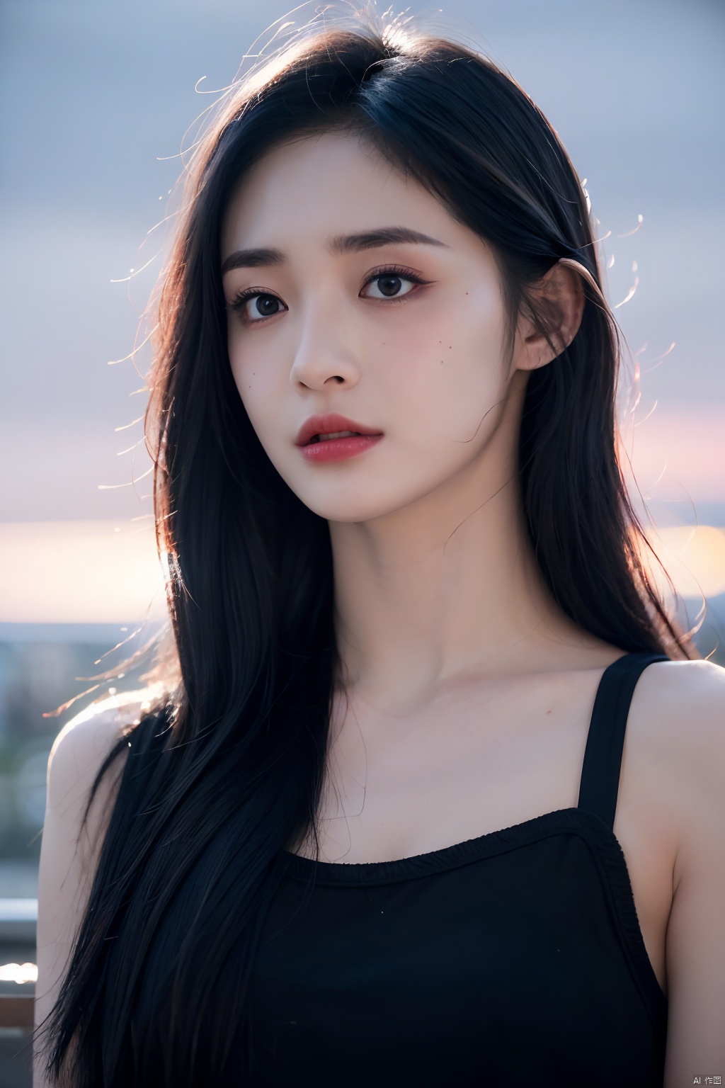  NSFW,Frontal photography,Look front,evening,dark clouds,the setting sun,On the city rooftop,A 20 year old female,Black top,Black Leggings,black hair,long hair, dark theme, muted tones, pastel colors, high contrast, (natural skin texture, A dim light, high clarity) ((sky background))((Facial highlights)), Light master, 1girl