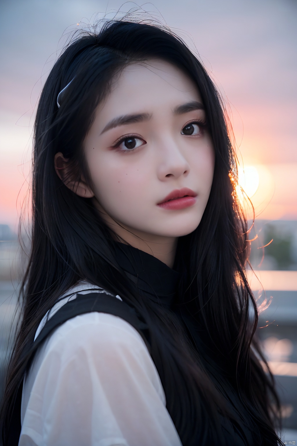  NSFW,Frontal photography,Look front,evening,dark clouds,the setting sun,On the city rooftop,A 20 year old female,Black top,Black Leggings,black hair,long hair, dark theme, muted tones, pastel colors, high contrast, (natural skin texture, A dim light, high clarity) ((sky background))((Facial highlights)), Light master, 1girl