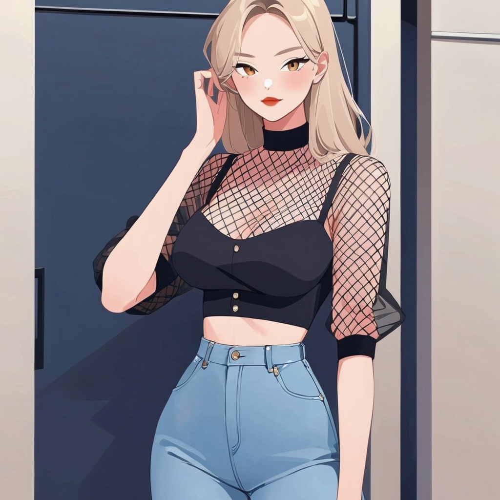 a beautiful woman,  black mesh crop top,  high waisted jeans on Tensor.Art