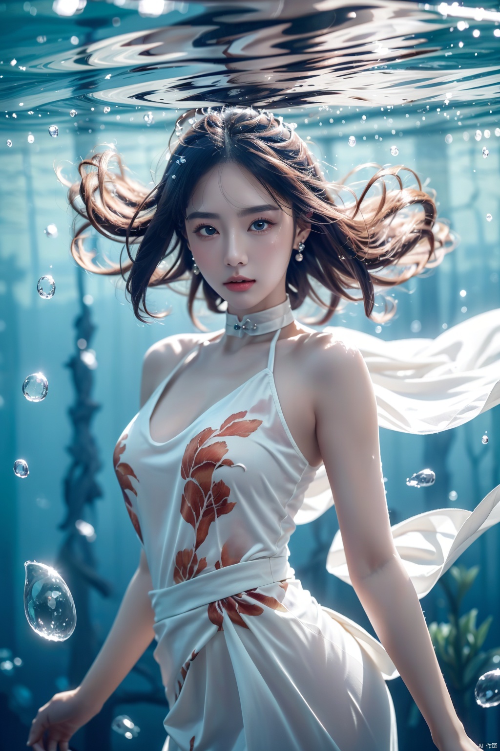  masterpiece, best quality, ice, A girl, silk, cocoon, spider web, Solo, Complex Details, Color Differences, Realistic, (Moderate Breath), Green Eyes, Earrings, Sharp Eyes, Perfect Fit, Choker, Dim Lights, cocoon, transparent, jiBeauty, Ink scattering_Chinese style, hydress-hair ornaments,underwater
