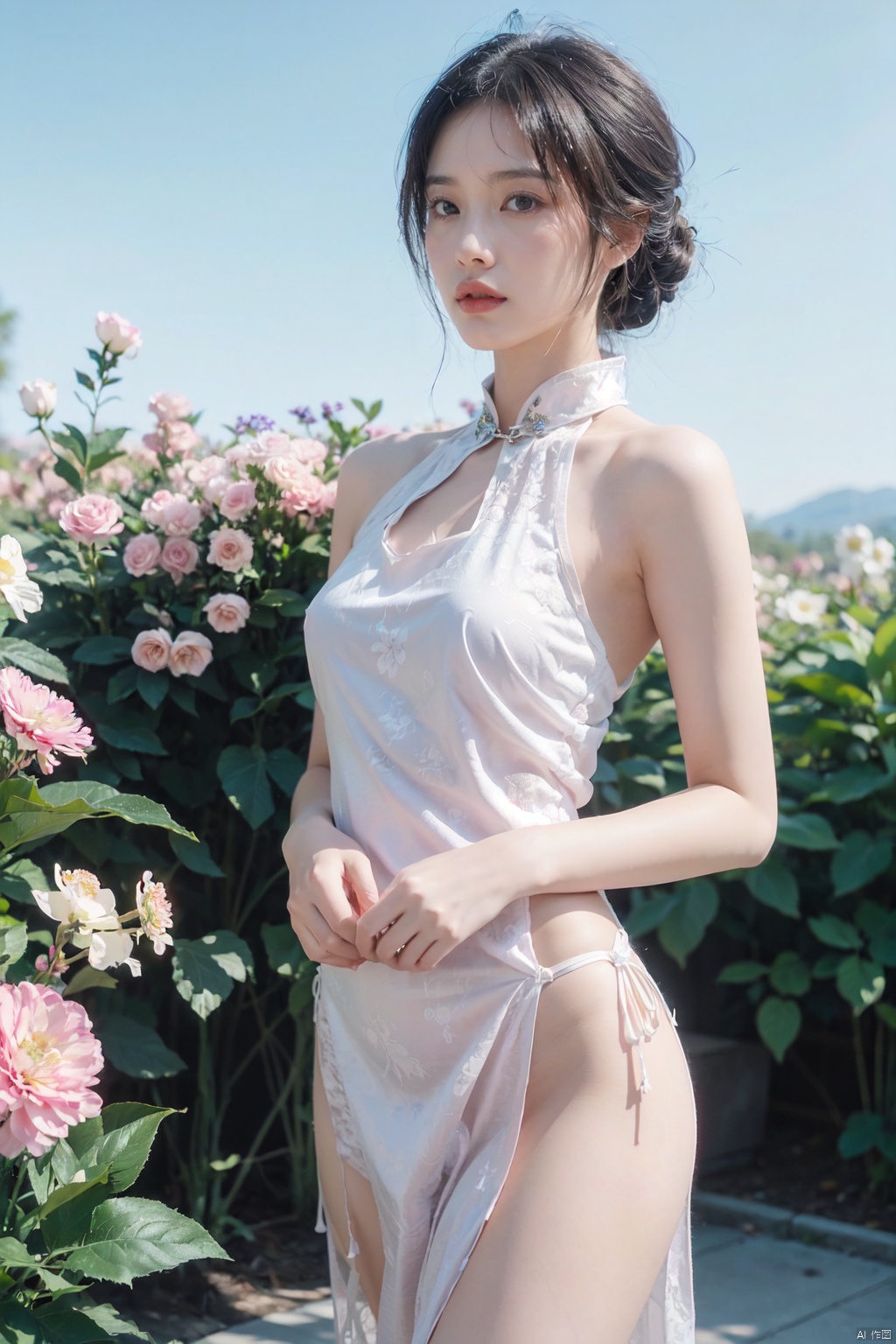  masterpiece, high quality,8k, RAW photo,realistic, photo-realistic,(extremely detailed CG unity 8k wallpaper) ,detailed and intricate, original,highres,
, Add details,Blue sky,outdoors,garden,natural posture, holiday style, depth of field, simulation film, super details, dreamy lofi photography, colorful,shot on fuiifilm XT4, flowers,fsChinese dress,Chinese dress,Stand up,floral print,pelvic curtain