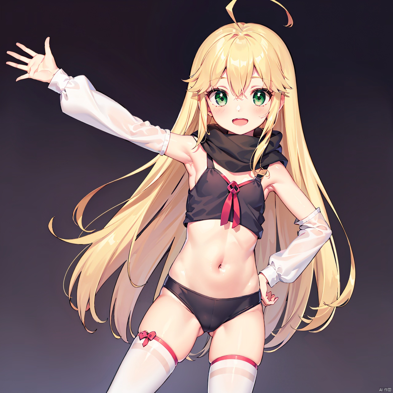  masterpiece, bestquality, Doronjo, 1girl, solo, long hair, smile, open mouth, blonde hair, thighhighs, navel, very long hair, green eyes, ahoge, boots, armpits, scarf, arm up, hand on hip, mask,