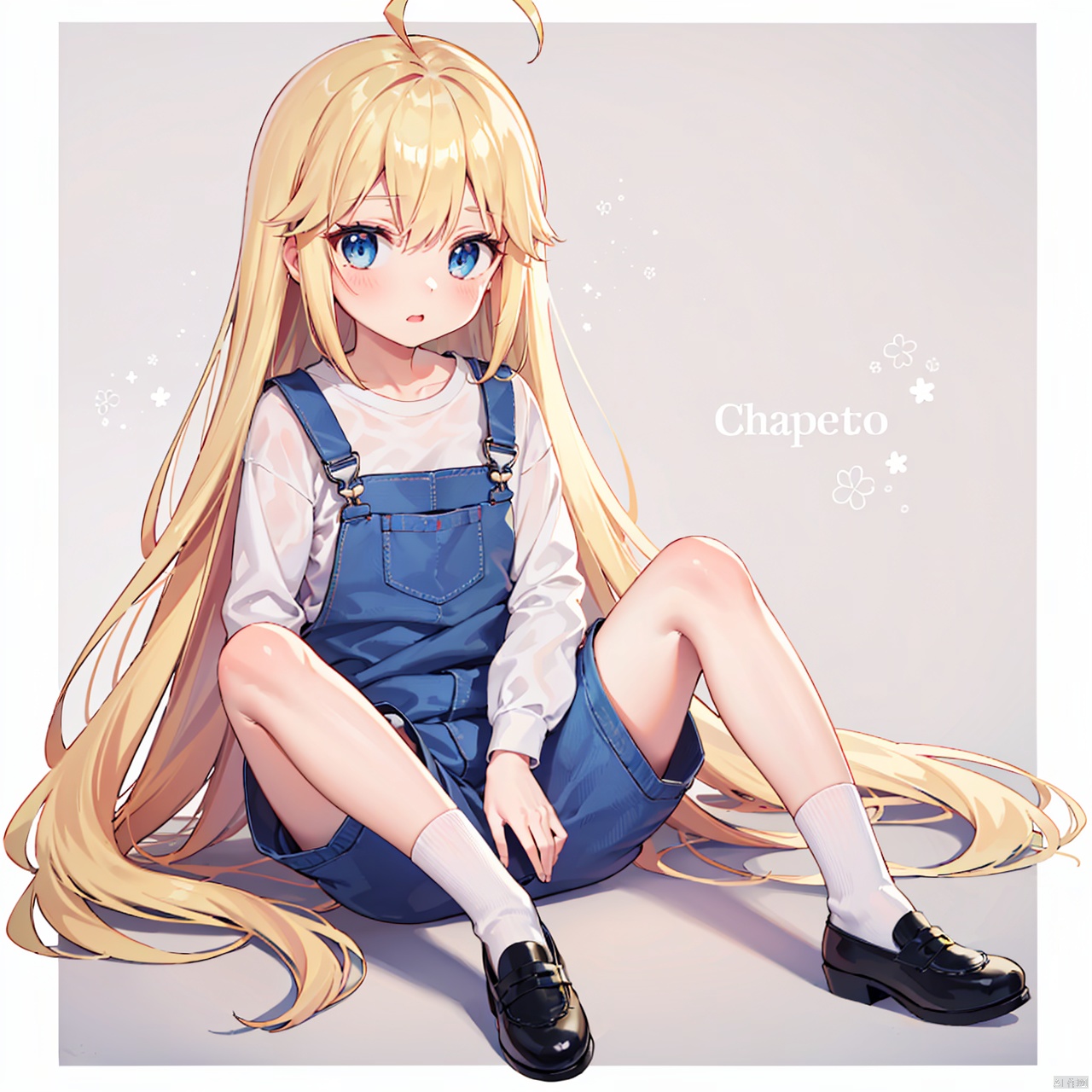  masterpiece, bestquality, Doronjo, 1girl, solo, long hair, blue eyes, blonde hair, very long hair, full body, ahoge, food, shoes, socks, overalls,
