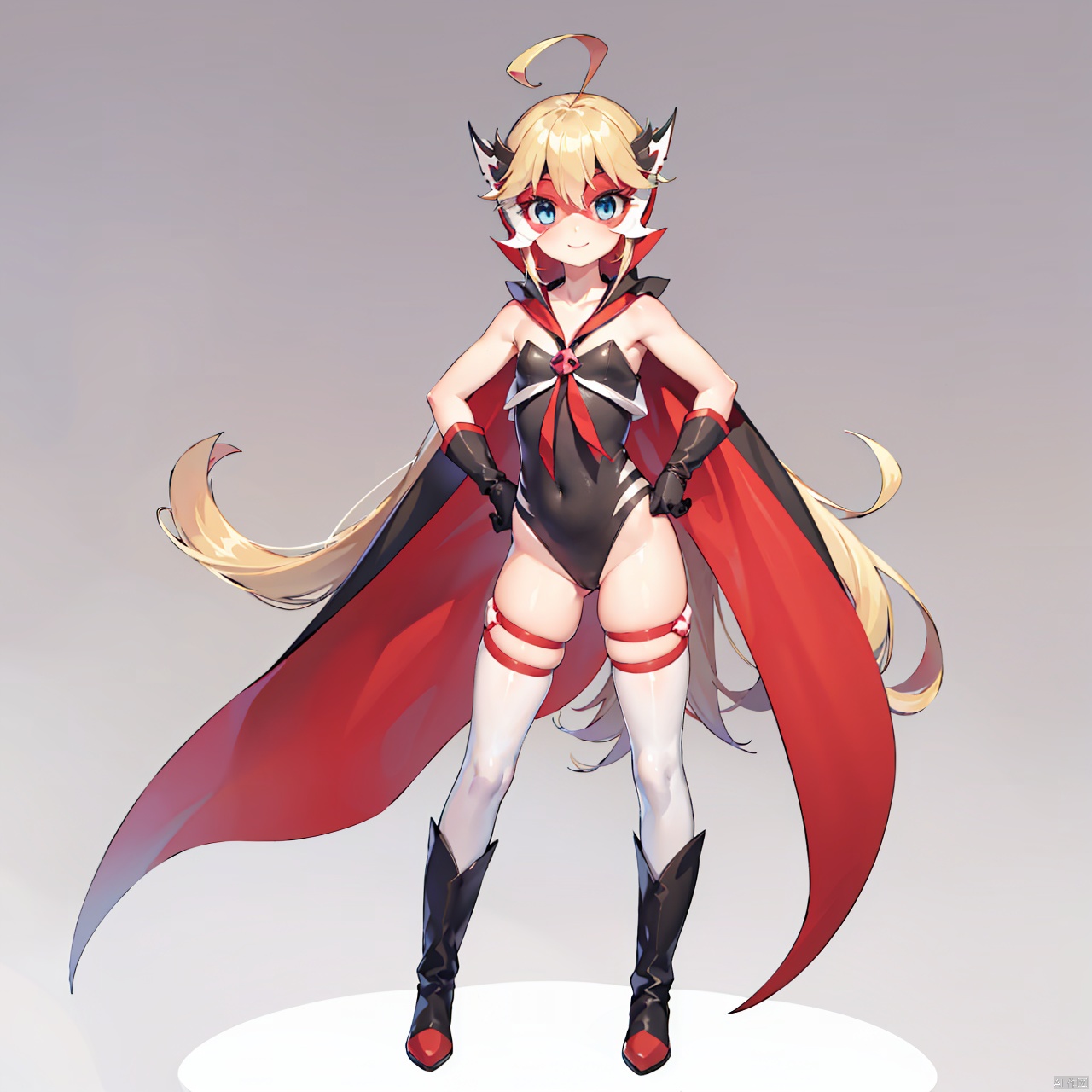  masterpiece, bestquality, Doronjo, 1girl, long hair, smile, blue eyes, blonde hair, simple background, thighhighs, gloves, very long hair, full body, ahoge, boots, black gloves, grey background, cape, leotard, hand on hip, mask,