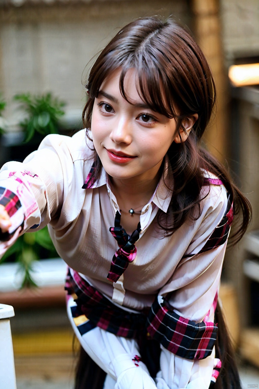  ((nsfw)),1girl, solo, long hair, breasts, looking at viewer, bangs, blue eyes, large breasts, brown hair, shirt, long sleeves, ribbon, cleavage, jewelry, closed mouth, standing, hair ribbon, white shirt, collared shirt, artist name, indoors, necklace, lips, sleeves past wrists, dress shirt, leaning forward, pink bow, pink ribbon, realistic,sumin,